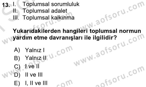 Sosyal Psikoloji 1 Dersi 2019 - 2020 Yılı (Final) Dönem Sonu Sınav Soruları 13. Soru