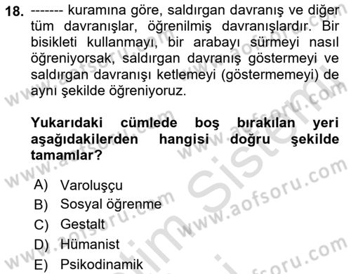 Sosyal Psikoloji 1 Dersi 2019 - 2020 Yılı (Final) Dönem Sonu Sınav Soruları 18. Soru