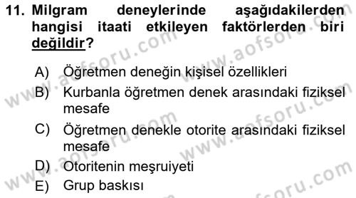 Sosyal Psikoloji 1 Dersi Ara Sınavı Deneme Sınav Soruları 11. Soru