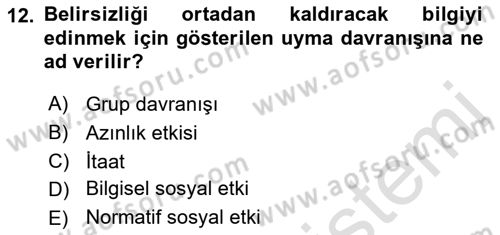 Sosyal Psikoloji 1 Dersi Ara Sınavı Deneme Sınav Soruları 12. Soru