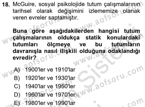 Sosyal Psikoloji 1 Dersi Ara Sınavı Deneme Sınav Soruları 18. Soru