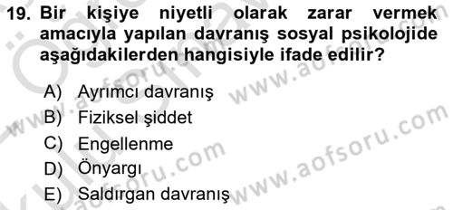 Sosyal Psikoloji 1 Dersi 2021 - 2022 Yılı Yaz Okulu Sınav Soruları 19. Soru