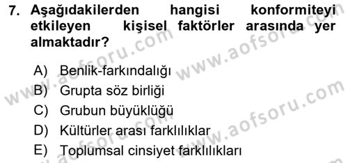 Sosyal Psikoloji 1 Dersi 2021 - 2022 Yılı Yaz Okulu Sınav Soruları 7. Soru