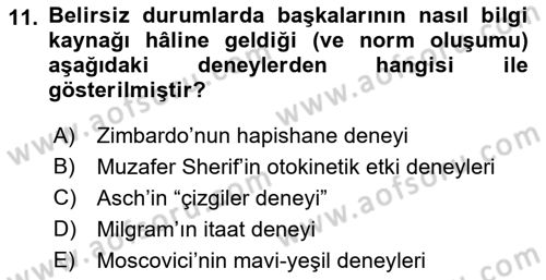 Sosyal Psikoloji 1 Dersi Ara Sınavı Deneme Sınav Soruları 11. Soru