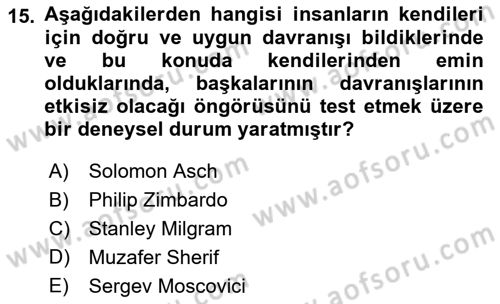 Sosyal Psikoloji 1 Dersi Ara Sınavı Deneme Sınav Soruları 15. Soru