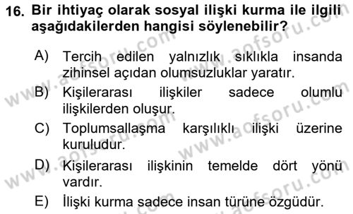 Sosyal Psikoloji 1 Dersi 2022 - 2023 Yılı Yaz Okulu Sınav Soruları 16. Soru