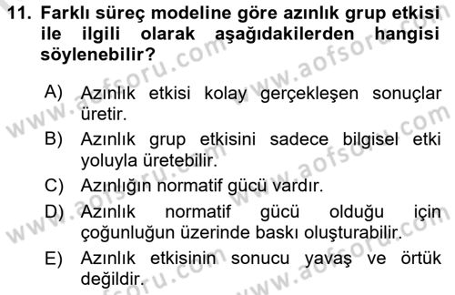 Sosyal Psikoloji 1 Dersi 2023 - 2024 Yılı (Vize) Ara Sınav Soruları 11. Soru