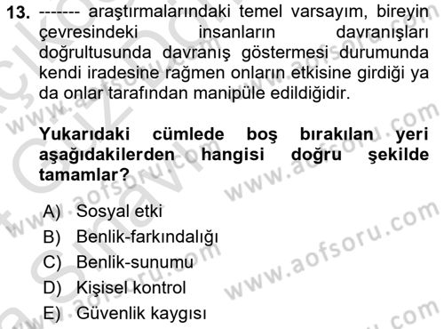 Sosyal Psikoloji 1 Dersi 2023 - 2024 Yılı (Vize) Ara Sınav Soruları 13. Soru