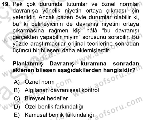 Sosyal Psikoloji 1 Dersi Ara Sınavı Deneme Sınav Soruları 19. Soru