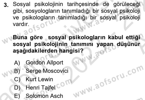 Sosyal Psikoloji 1 Dersi 2023 - 2024 Yılı (Vize) Ara Sınav Soruları 3. Soru