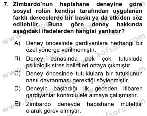 Sosyal Psikoloji 1 Dersi 2023 - 2024 Yılı Yaz Okulu Sınav Soruları 7. Soru