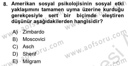 Sosyal Psikoloji 1 Dersi 2023 - 2024 Yılı Yaz Okulu Sınav Soruları 8. Soru