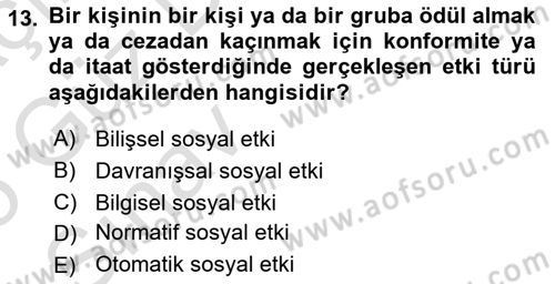 Sosyal Psikoloji 1 Dersi Ara Sınavı Deneme Sınav Soruları 13. Soru
