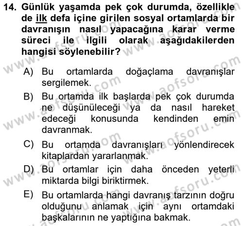 Sosyal Psikoloji 1 Dersi Ara Sınavı Deneme Sınav Soruları 14. Soru