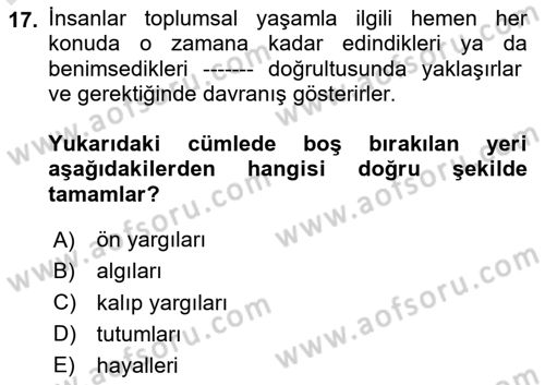 Sosyal Psikoloji 1 Dersi 2024 - 2025 Yılı (Vize) Ara Sınav Soruları 17. Soru