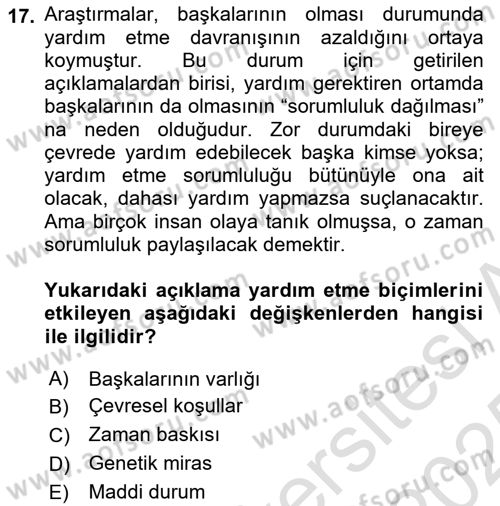 Sosyal Psikoloji 1 Dersi 2024 - 2025 Yılı Yaz Okulu Sınav Soruları 17. Soru