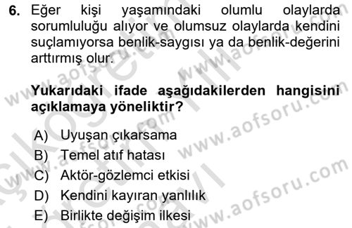 Sosyal Psikoloji 1 Dersi 2024 - 2025 Yılı Yaz Okulu Sınav Soruları 6. Soru