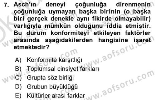 Sosyal Psikoloji 1 Dersi 2024 - 2025 Yılı Yaz Okulu Sınav Soruları 7. Soru