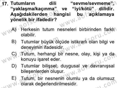Sosyal Psikoloji 1 Dersi 2025 - 2026 Yılı (Vize) Ara Sınav Soruları 17. Soru