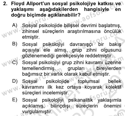 Sosyal Psikoloji 1 Dersi 2025 - 2026 Yılı (Vize) Ara Sınav Soruları 2. Soru