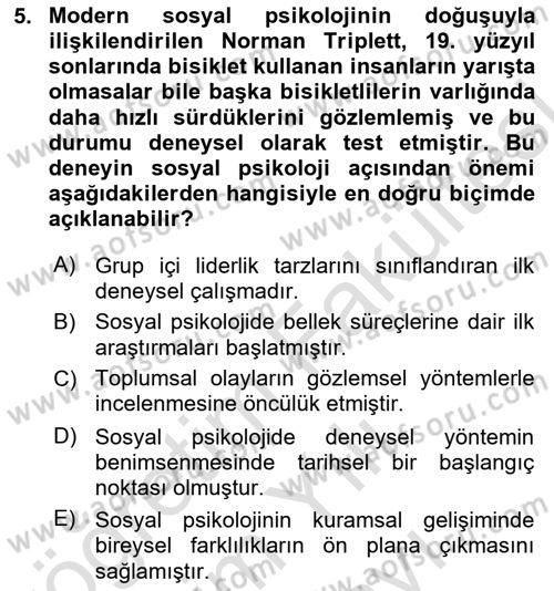 Sosyal Psikoloji 1 Dersi 2025 - 2026 Yılı (Vize) Ara Sınav Soruları 5. Soru