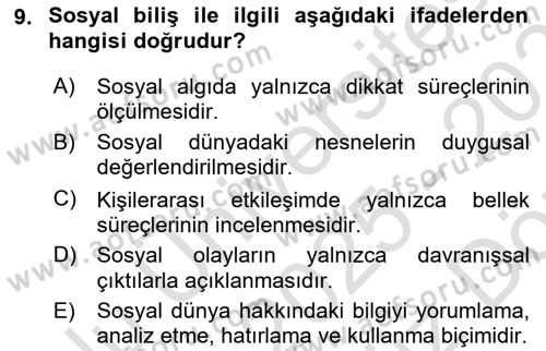 Sosyal Psikoloji 1 Dersi 2025 - 2026 Yılı (Vize) Ara Sınav Soruları 9. Soru
