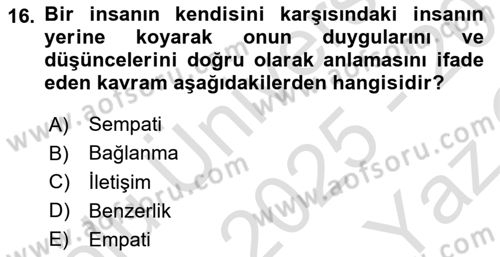 Sosyal Psikoloji 1 Dersi 2025 - 2026 Yılı Yaz Okulu Sınav Soruları 16. Soru