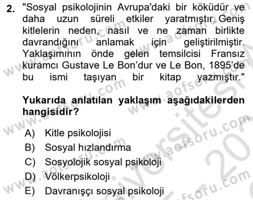 Sosyal Psikoloji 1 Dersi 2025 - 2026 Yılı Yaz Okulu Sınav Soruları 2. Soru