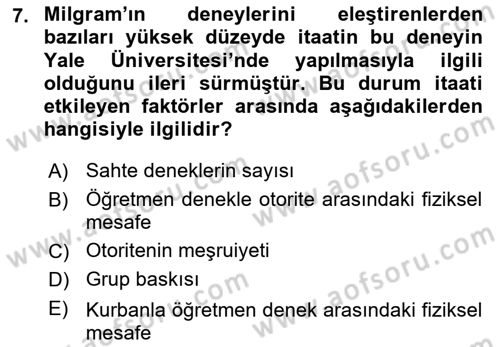 Sosyal Psikoloji 1 Dersi 2025 - 2026 Yılı Yaz Okulu Sınav Soruları 7. Soru