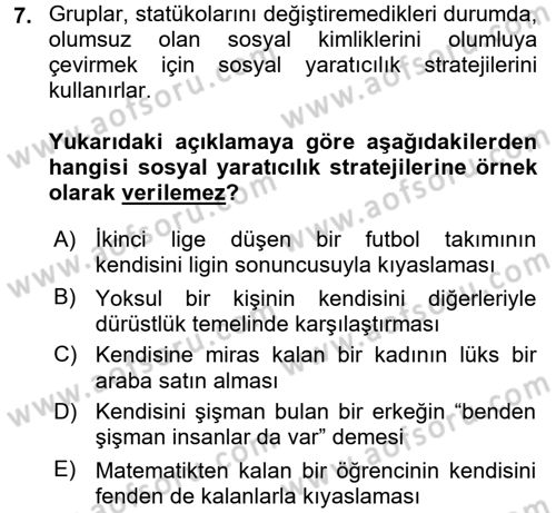 Sosyal Psikoloji 2 Dersi 2015 - 2016 Yılı (Final) Dönem Sonu Sınav Soruları 7. Soru