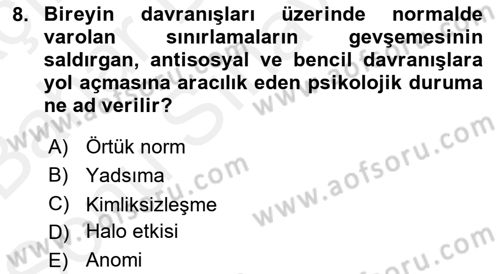 Sosyal Psikoloji 2 Dersi 2018 - 2019 Yılı (Final) Dönem Sonu Sınav Soruları 8. Soru