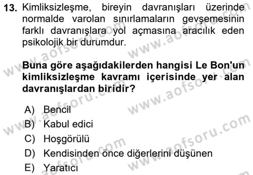 Sosyal Psikoloji 2 Dersi 2020 - 2021 Yılı Yaz Okulu Sınav Soruları 13. Soru