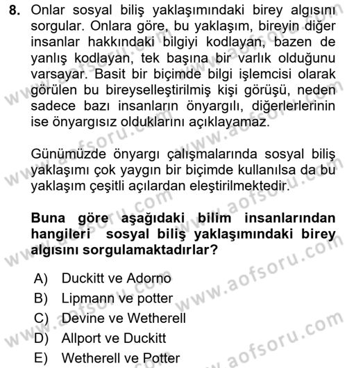 Sosyal Psikoloji 2 Dersi 2020 - 2021 Yılı Yaz Okulu Sınav Soruları 8. Soru