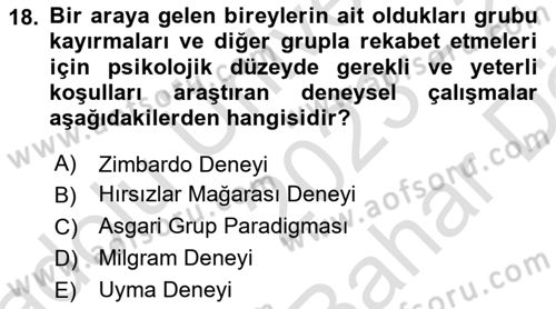 Sosyal Psikoloji 2 Dersi 2023 - 2024 Yılı (Vize) Ara Sınav Soruları 18. Soru