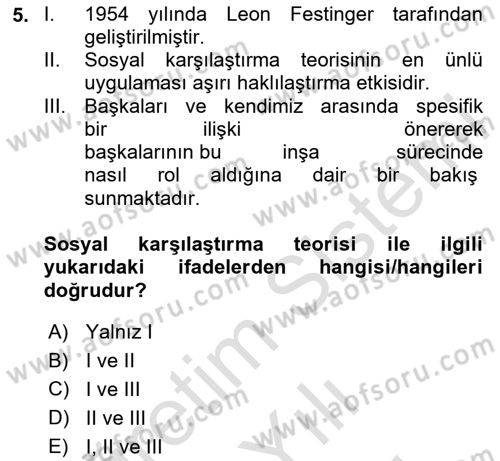 Sosyal Psikoloji 2 Dersi 2023 - 2024 Yılı (Vize) Ara Sınav Soruları 5. Soru