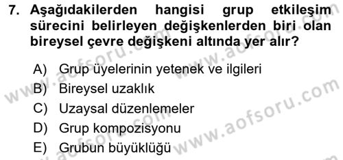 Sosyal Psikoloji 2 Dersi 2023 - 2024 Yılı (Vize) Ara Sınav Soruları 7. Soru