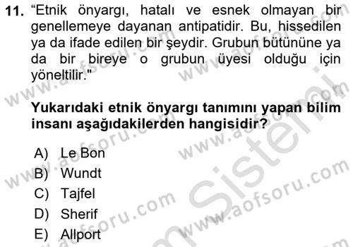 Sosyal Psikoloji 2 Dersi 2024 - 2025 Yılı (Vize) Ara Sınav Soruları 11. Soru