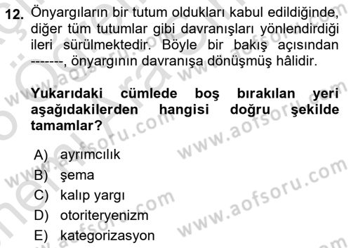 Sosyal Psikoloji 2 Dersi 2024 - 2025 Yılı (Vize) Ara Sınav Soruları 12. Soru