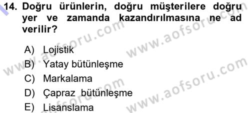 Pazarlama Yönetimi Dersi 2015 - 2016 Yılı (Final) Dönem Sonu Sınav Soruları 14. Soru