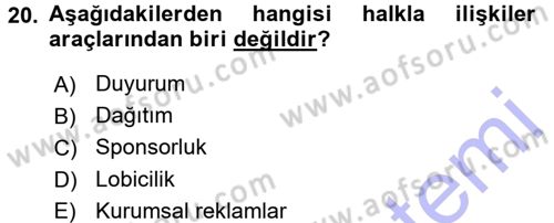 Pazarlama Yönetimi Dersi 2015 - 2016 Yılı (Final) Dönem Sonu Sınav Soruları 20. Soru
