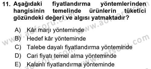 Pazarlama Yönetimi Dersi 2016 - 2017 Yılı (Final) Dönem Sonu Sınav Soruları 11. Soru