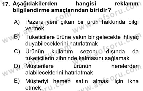 Pazarlama Yönetimi Dersi 2016 - 2017 Yılı (Final) Dönem Sonu Sınav Soruları 17. Soru