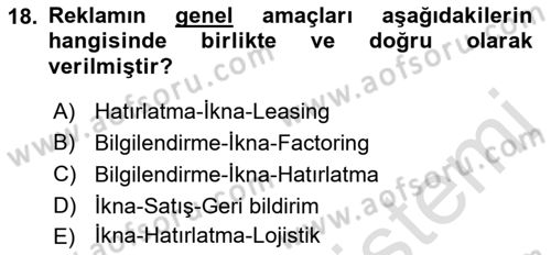 Pazarlama Yönetimi Dersi 2018 - 2019 Yılı 3 Ders Sınav Soruları 18. Soru
