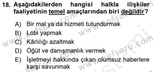 Pazarlama Yönetimi Dersi 2018 - 2019 Yılı (Final) Dönem Sonu Sınav Soruları 18. Soru