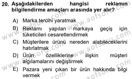Pazarlama Yönetimi Dersi 2018 - 2019 Yılı (Final) Dönem Sonu Sınav Soruları 20. Soru