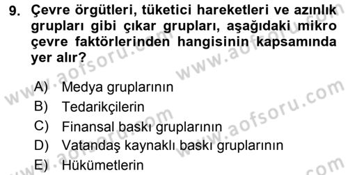 Pazarlama Yönetimi Dersi 2019 - 2020 Yılı (Vize) Ara Sınav Soruları 9. Soru