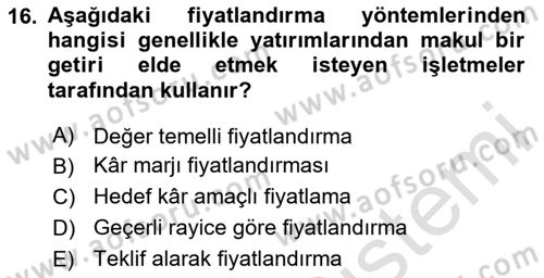 Pazarlama Yönetimi Dersi 2020 - 2021 Yılı Yaz Okulu Sınavı 16. Soru
