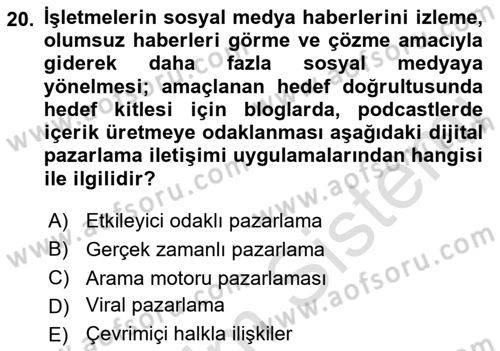 Pazarlama Yönetimi Dersi 2021 - 2022 Yılı Yaz Okulu Sınav Soruları 20. Soru