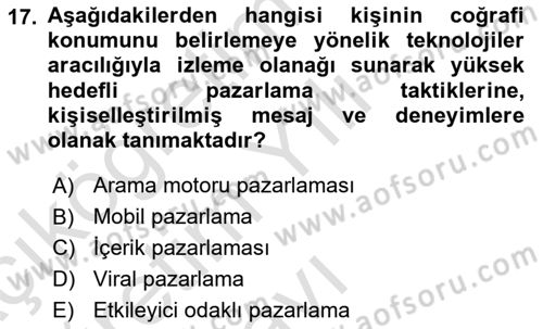 Pazarlama Yönetimi Dersi 2024 - 2025 Yılı Yaz Okulu Sınav Soruları 17. Soru