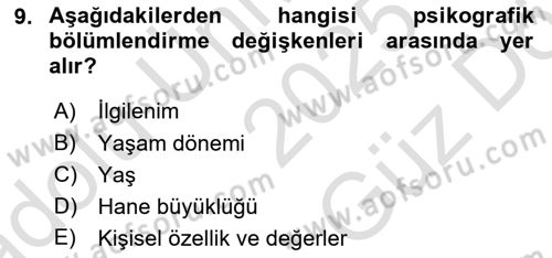 Pazarlama Yönetimi Dersi 2025 - 2026 Yılı (Vize) Ara Sınav Soruları 9. Soru